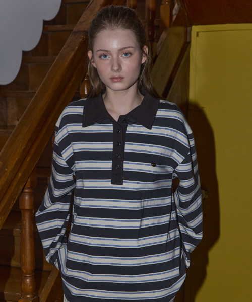 ANOETIC(アノエティック)の「ANC STRIPE POLO RUGBY SWEATSHIRT_NAVY(Tシャツ/カットソー・レディース・ネイビー・FREE)」の1枚目の写真