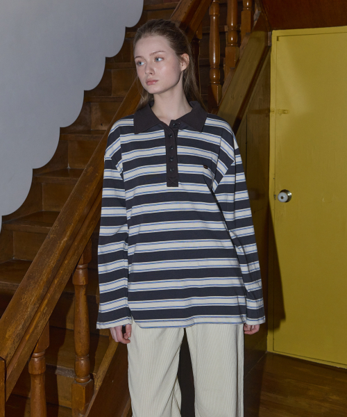 ANOETIC(アノエティック)の「ANC STRIPE POLO RUGBY SWEATSHIRT_NAVY(Tシャツ/カットソー・レディース・ネイビー・FREE)」の2枚目の写真