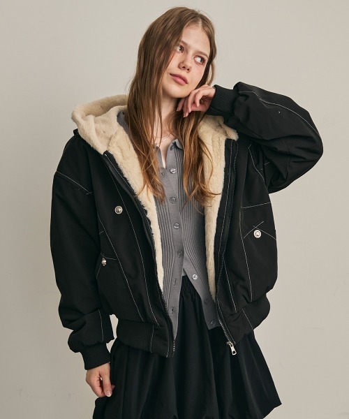 Clum(クルム)の「ファーフードフライトジャケット(ミリタリージャケット・レディース・カーキ/ブラック・LARGE/MEDIUM/SMALL)」の8枚目の写真