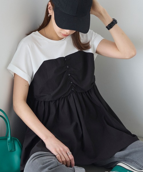 BONLECILL（ボンルシール）の「【接触冷感/UVカット/洗える】シャツビスチェドッキングギャザーＴ（Tシャツ/カットソー・レディース・ホワイト/グレー/クリーム/チャコールグレー/オフホワイト/ブラック・FREE）」の2枚目の写真