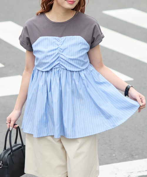 BONLECILL（ボンルシール）の「【接触冷感/UVカット/洗える】シャツビスチェドッキングギャザーＴ（Tシャツ/カットソー・レディース・ホワイト/グレー/クリーム/チャコールグレー/オフホワイト/ブラック・FREE）」の4枚目の写真