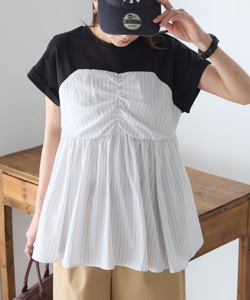 BONLECILL（ボンルシール）の「【接触冷感/UVカット/洗える】シャツビスチェドッキングギャザーＴ（Tシャツ/カットソー・レディース・ホワイト/グレー/クリーム/チャコールグレー/オフホワイト/ブラック・FREE）」の3枚目の写真