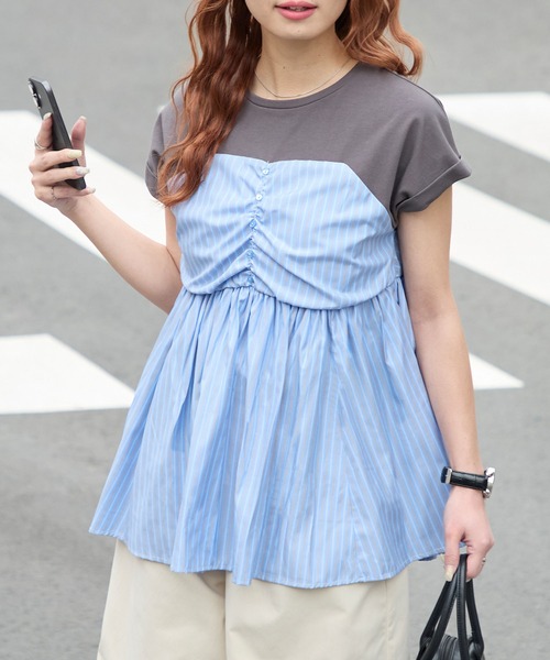 BONLECILL（ボンルシール）の「【接触冷感/UVカット/洗える】シャツビスチェドッキングギャザーＴ（Tシャツ/カットソー・レディース・ホワイト/グレー/クリーム/チャコールグレー/オフホワイト/ブラック・FREE）」の9枚目の写真