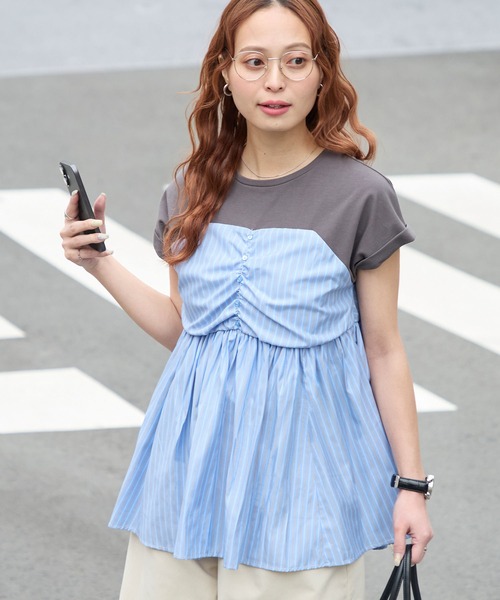 BONLECILL（ボンルシール）の「【接触冷感/UVカット/洗える】シャツビスチェドッキングギャザーＴ（Tシャツ/カットソー・レディース・ホワイト/グレー/クリーム/チャコールグレー/オフホワイト/ブラック・FREE）」の7枚目の写真