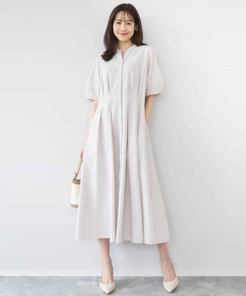 MK MICHEL KLEIN（エムケーミッシェルクラン）の「サッカーストライプ ウエストタックワンピース/洗える（ワンピース・レディース・ネイビー/ベージュ・38）」の4枚目の写真