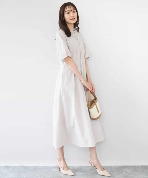 MK MICHEL KLEIN（エムケーミッシェルクラン）の「サッカーストライプ ウエストタックワンピース/洗える（ワンピース・レディース・ネイビー/ベージュ・38）」の6枚目の写真