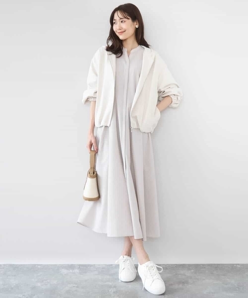 MK MICHEL KLEIN（エムケーミッシェルクラン）の「サッカーストライプ ウエストタックワンピース/洗える（ワンピース・レディース・ネイビー/ベージュ・38）」の7枚目の写真