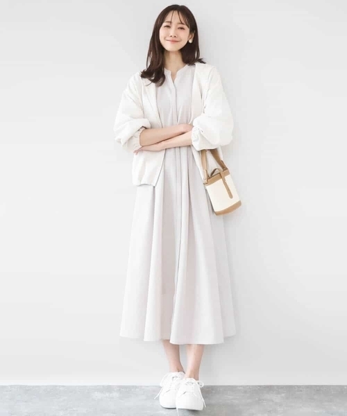 MK MICHEL KLEIN（エムケーミッシェルクラン）の「サッカーストライプ ウエストタックワンピース/洗える（ワンピース・レディース・ネイビー/ベージュ・38）」の8枚目の写真