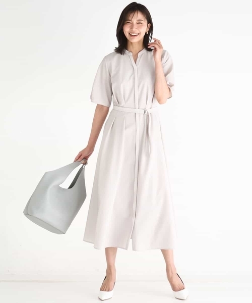 MK MICHEL KLEIN（エムケーミッシェルクラン）の「サッカーストライプ ウエストタックワンピース/洗える（ワンピース・レディース・ネイビー/ベージュ・38）」の19枚目の写真