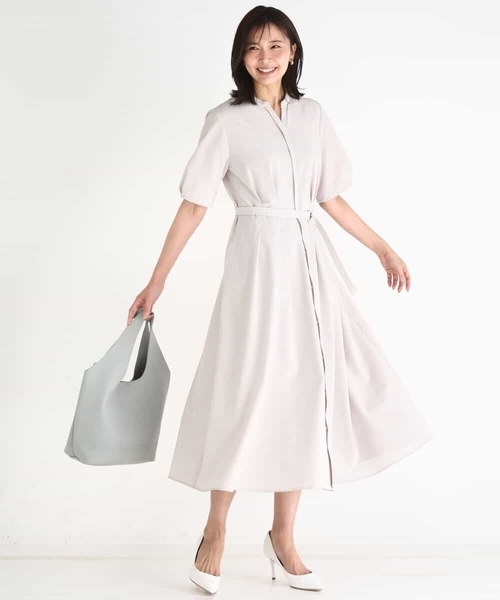 MK MICHEL KLEIN（エムケーミッシェルクラン）の「サッカーストライプ ウエストタックワンピース/洗える（ワンピース・レディース・ネイビー/ベージュ・38）」の21枚目の写真