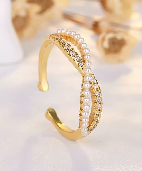 ALWAYS GOOD TIME（オルウェイズグッドタイム）の「ツイストパール＆ジルコンデザインオープンリング（リング・レディース・ゴールド/シルバー/ピンクゴールド・FREE）」の2枚目の写真