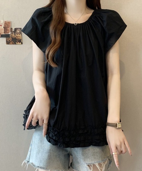SallyLunn(サリーラン)の「ギャザーネックフレンチスリーブブラウス(シャツ/ブラウス・レディース・ホワイト/ブラック・LARGE/MEDIUM)」の3枚目の写真