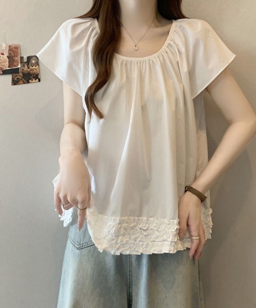 SallyLunn(サリーラン)の「ギャザーネックフレンチスリーブブラウス(シャツ/ブラウス・レディース・ホワイト/ブラック・LARGE/MEDIUM)」の7枚目の写真