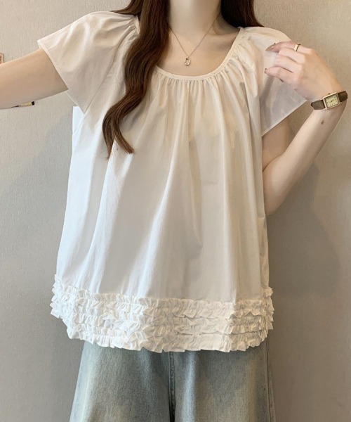 SallyLunn(サリーラン)の「ギャザーネックフレンチスリーブブラウス(シャツ/ブラウス・レディース・ホワイト/ブラック・LARGE/MEDIUM)」の8枚目の写真