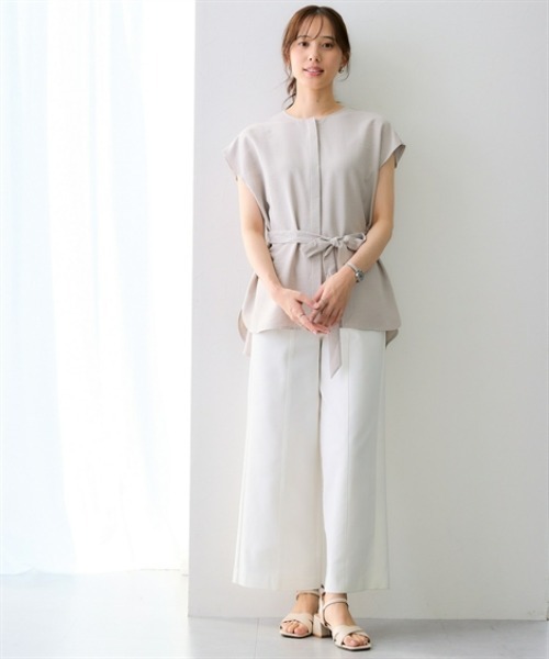 7days Life Styling(セブンデイズライフスタイリング)の「【接触冷感/UVカット】麻調合繊共布リボン付きフレンチスリーブブラウス(シャツ/ブラウス・レディース・ネイビー/ブラウン/ライトベージュ・S/3L/LL/L/M/5L/4L/6L)」の8枚目の写真