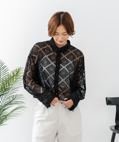 fort point(フォーポイント)の「【C-FORT POINT/フォートポイント】ダイヤ柄 レースクロップドシャツ(シャツ/ブラウス・レディース・アイボリー/ブラック/ブラウン・FREE)」の5枚目の写真