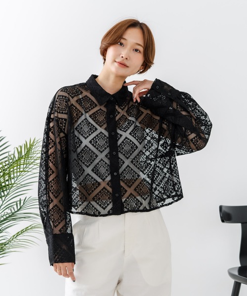 fort point(フォーポイント)の「【C-FORT POINT/フォートポイント】ダイヤ柄 レースクロップドシャツ(シャツ/ブラウス・レディース・アイボリー/ブラック/ブラウン・FREE)」の7枚目の写真