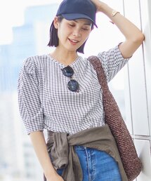 INDIVI | 【UVケア/吸汗速乾】チェック柄タックボリュームスリーブトップス(Tシャツ/カットソー)