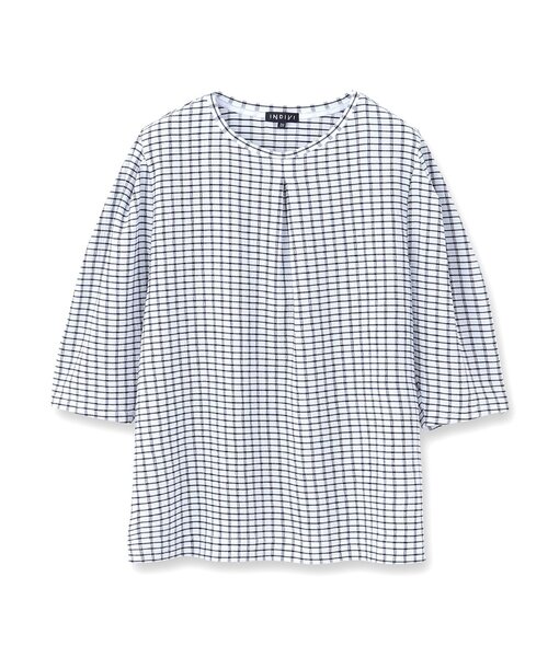 INDIVI（インディヴィ）の「【UVケア／吸汗速乾】チェック柄タックボリュームスリーブトップス（Tシャツ/カットソー・レディース・ブラック系1/ネイビー系1/ホワイト系2/スモーキーグリーン系2・38/19/15 /13/05/34）」の5枚目の写真
