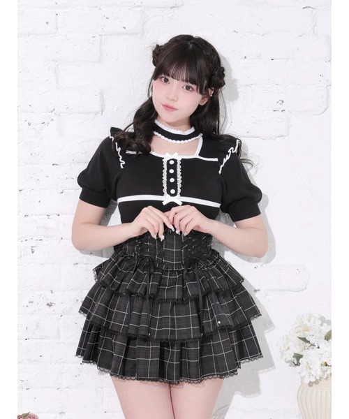 NOEMIE(ノエミー)の「パイピング配色ニットトップス(Tシャツ/カットソー・レディース・オフホワイト/ダークグレー/ブラック・M)」の2枚目の写真