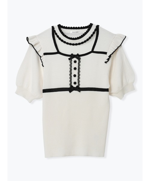 NOEMIE(ノエミー)の「パイピング配色ニットトップス(Tシャツ/カットソー・レディース・オフホワイト/ダークグレー/ブラック・M)」の7枚目の写真