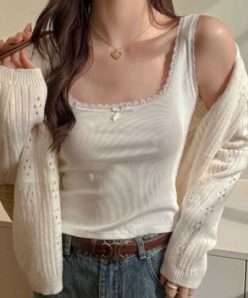 yuue' ( wear )(ユーイ)の「レース付きスクエアネックリブタンクトップ(タンクトップ・レディース・ホワイト/グレー/ブラック・FREE)」の4枚目の写真