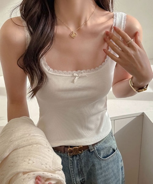 yuue' ( wear )(ユーイ)の「レース付きスクエアネックリブタンクトップ(タンクトップ・レディース・ホワイト/グレー/ブラック・FREE)」の7枚目の写真