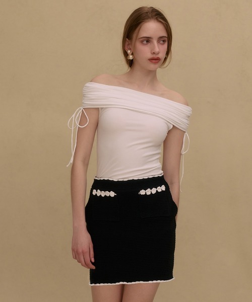 EIMY ISTOIRE(エイミーイストワール)の「PEACH OFFSHOULDER TOPS(Tシャツ/カットソー・レディース・ブラック/ライトピンク/ホワイト・F)」の14枚目の写真