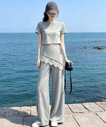 クロップド丈トップス+ワイドパンツセットアップ