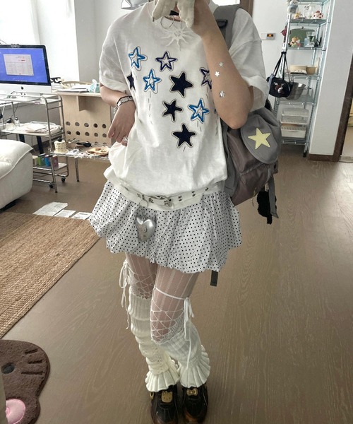 MAISON DE THERESE(メゾン ド テレーズ)の「綿100% スタープリント 半袖 T シャツ 夏 ルーズゆったり カジュアルトップス(Tシャツ/カットソー・レディース・White・M)」の5枚目の写真