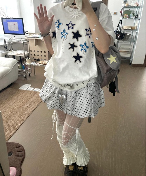 MAISON DE THERESE(メゾン ド テレーズ)の「綿100% スタープリント 半袖 T シャツ 夏 ルーズゆったり カジュアルトップス(Tシャツ/カットソー・レディース・White・M)」の3枚目の写真