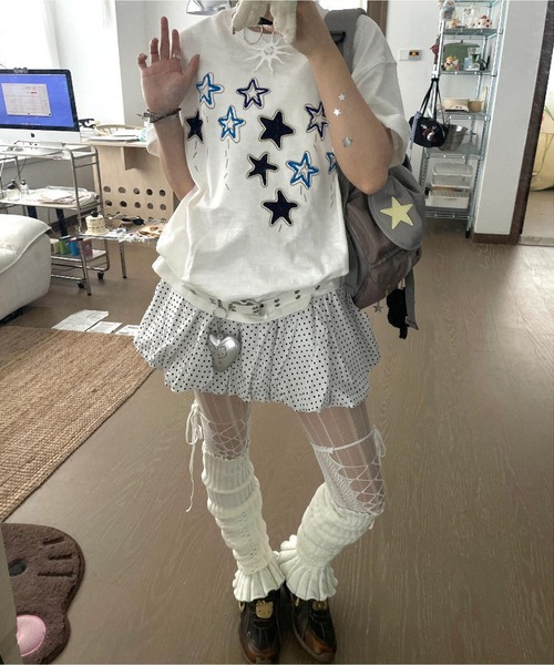 MAISON DE THERESE(メゾン ド テレーズ)の「綿100% スタープリント 半袖 T シャツ 夏 ルーズゆったり カジュアルトップス(Tシャツ/カットソー・レディース・White・M)」の2枚目の写真