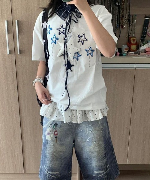 MAISON DE THERESE(メゾン ド テレーズ)の「綿100% スタープリント 半袖 T シャツ 夏 ルーズゆったり カジュアルトップス(Tシャツ/カットソー・レディース・White・M)」の13枚目の写真