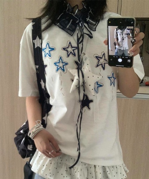 MAISON DE THERESE(メゾン ド テレーズ)の「綿100% スタープリント 半袖 T シャツ 夏 ルーズゆったり カジュアルトップス(Tシャツ/カットソー・レディース・White・M)」の12枚目の写真