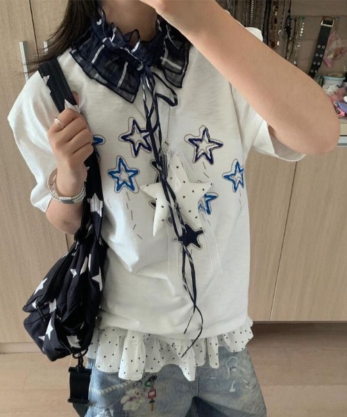 MAISON DE THERESE(メゾン ド テレーズ)の「綿100% スタープリント 半袖 T シャツ 夏 ルーズゆったり カジュアルトップス(Tシャツ/カットソー・レディース・White・M)」の11枚目の写真