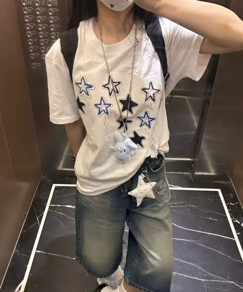 MAISON DE THERESE(メゾン ド テレーズ)の「綿100% スタープリント 半袖 T シャツ 夏 ルーズゆったり カジュアルトップス(Tシャツ/カットソー・レディース・White・M)」の6枚目の写真
