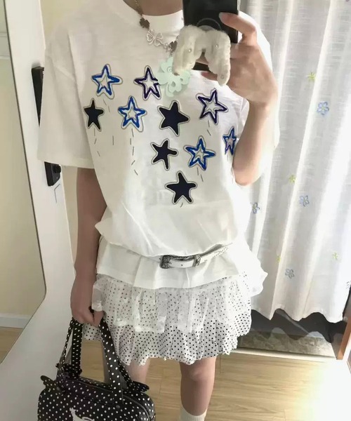 MAISON DE THERESE(メゾン ド テレーズ)の「綿100% スタープリント 半袖 T シャツ 夏 ルーズゆったり カジュアルトップス(Tシャツ/カットソー・レディース・White・M)」の10枚目の写真