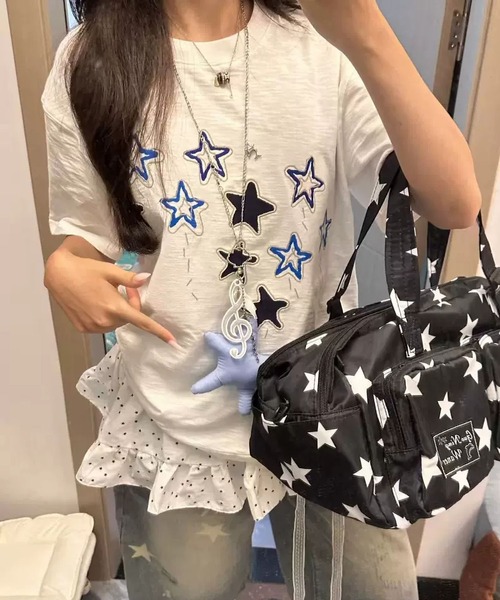MAISON DE THERESE(メゾン ド テレーズ)の「綿100% スタープリント 半袖 T シャツ 夏 ルーズゆったり カジュアルトップス(Tシャツ/カットソー・レディース・White・M)」の7枚目の写真