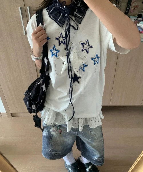 MAISON DE THERESE(メゾン ド テレーズ)の「綿100% スタープリント 半袖 T シャツ 夏 ルーズゆったり カジュアルトップス(Tシャツ/カットソー・レディース・White・M)」の9枚目の写真
