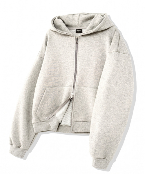 UNDEROFF(アンダーオフ)の「2wayクロップフィットフードジップアップジャケットメランジ(パーカー・メンズ・ヘザーグレー・LARGE/X-LARGE/MEDIUM)」の2枚目の写真