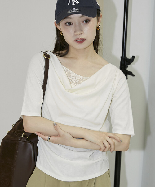 PUBLUX(パブリュクス)の「PUBLUX/パブリュクス レース レイヤード テレコ ドレープ Tシャツ 限定展開(Tシャツ/カットソー・レディース・ブラック/オフホワイト/グレー・フリ-)」の2枚目の写真