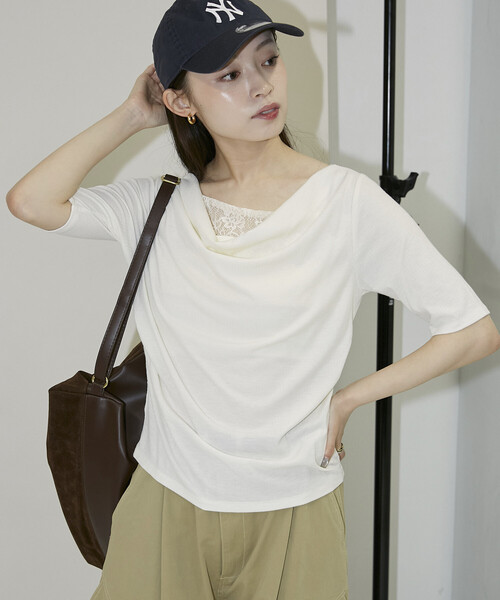 PUBLUX(パブリュクス)の「PUBLUX/パブリュクス レース レイヤード テレコ ドレープ Tシャツ 限定展開(Tシャツ/カットソー・レディース・ブラック/オフホワイト/グレー・フリ-)」の15枚目の写真