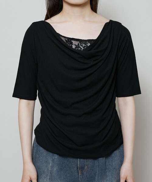 PUBLUX(パブリュクス)の「PUBLUX/パブリュクス レース レイヤード テレコ ドレープ Tシャツ 限定展開(Tシャツ/カットソー・レディース・ブラック/オフホワイト/グレー・フリ-)」の10枚目の写真