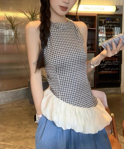 Nia(ニア)の「Nia(ニア)/【カップ付き】バルーンヘムギンガムチェックトップス(Tシャツ/カットソー・レディース・ブルー/レッド/ブラック・FREE)」の4枚目の写真