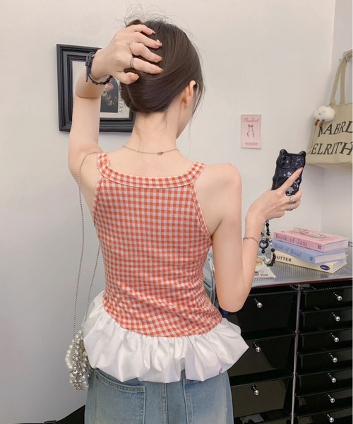 Nia(ニア)の「Nia(ニア)/【カップ付き】バルーンヘムギンガムチェックトップス(Tシャツ/カットソー・レディース・ブルー/レッド/ブラック・FREE)」の5枚目の写真