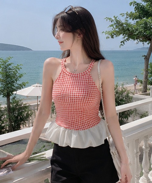 Nia(ニア)の「Nia(ニア)/【カップ付き】バルーンヘムギンガムチェックトップス(Tシャツ/カットソー・レディース・ブルー/レッド/ブラック・FREE)」の14枚目の写真