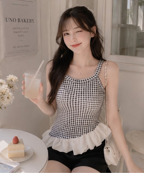 Nia(ニア)の「Nia(ニア)/【カップ付き】バルーンヘムギンガムチェックトップス(Tシャツ/カットソー・レディース・ブルー/レッド/ブラック・FREE)」の17枚目の写真