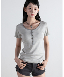 ヘンリーネックTシャツストライプメランジグレー