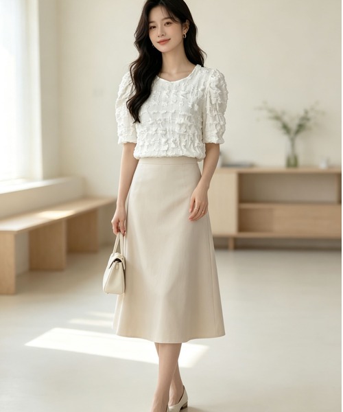 gossip!ロサンゼルス(ゴシップロサンゼルス)の「丸首パフスリーブ凹凸テクスチャーブラウス(シャツ/ブラウス・レディース・ピンク/ホワイト・M)」の4枚目の写真