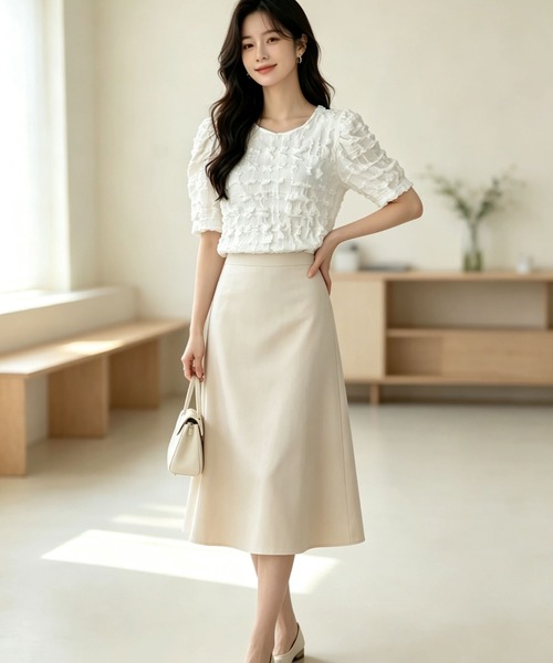 gossip!ロサンゼルス(ゴシップロサンゼルス)の「丸首パフスリーブ凹凸テクスチャーブラウス(シャツ/ブラウス・レディース・ピンク/ホワイト・M)」の5枚目の写真